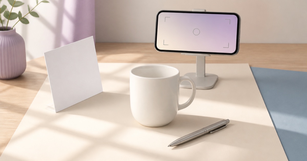 背景紙の上の小物とスマートフォン、レフ板を並べて色と光を比べる様子